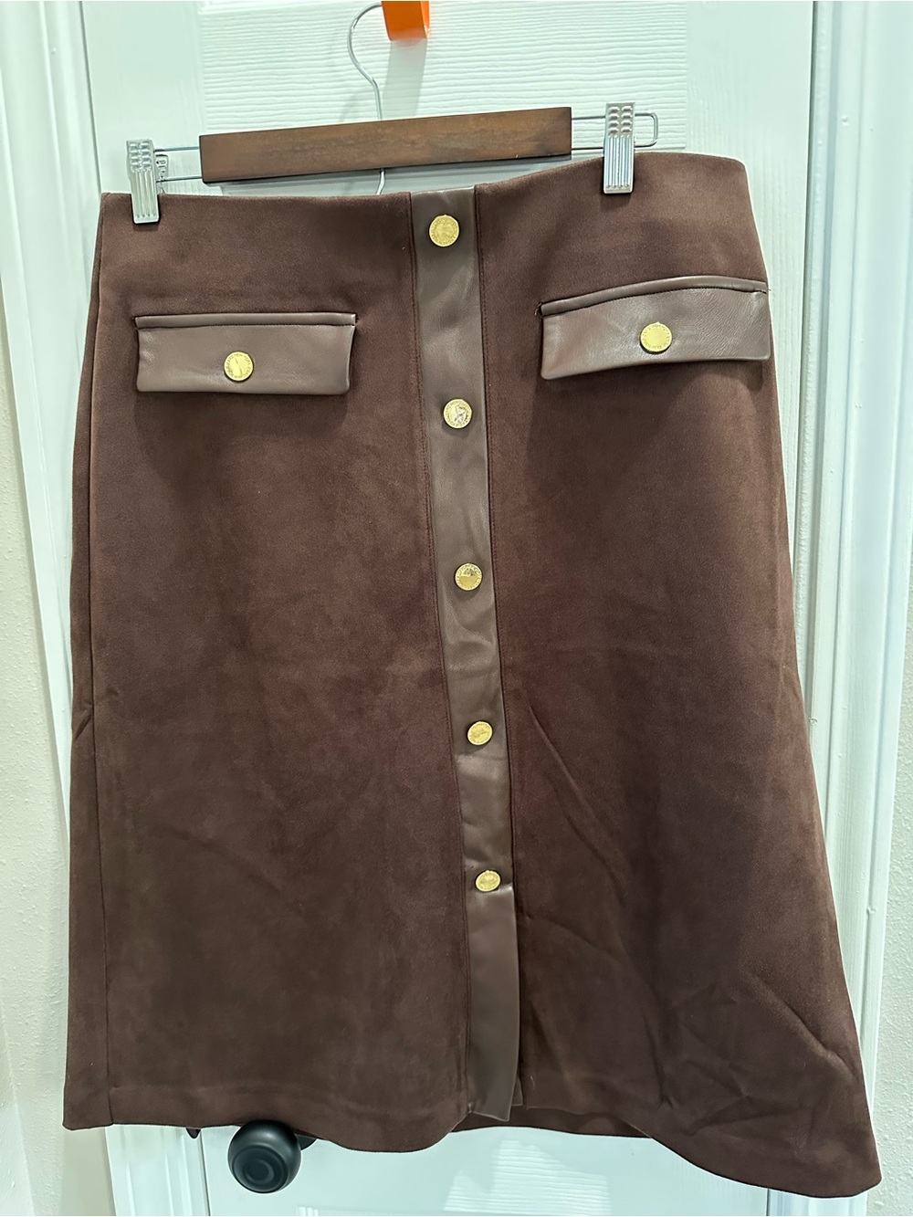 Andrew Marc Brown A-Line Skirt with Gold Buttons